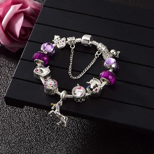 Vista 3 de YOUFENG Pulsera de Dijes de Cuentas de Amor para Mujeres Cadena de Serpiente Dije de Unicornio Dijes de Flores Pulseras Regalos de Cumpleaños