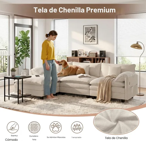 Vista 8 de KCGKCG Sofá modular seccional, cómodo sofá de nube de 108 pulgadas con otomana movible estación de carga bolsillo lateral almohada, sofás
