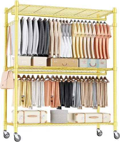 Vista 15 de Homdox Estante para ropa resistente con 3 estantes ajustables de alambre, estantes para ropa para colgar, estante de ropa de doble barra, armario