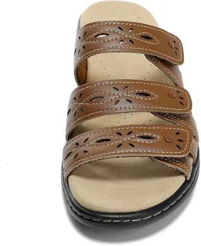 Vista 7 de Sandalias clásicas de cuero para mujer, sandalias casuales con soporte de arco, correas ajustables de gancho y bucle, zapatos para exteriores 2024