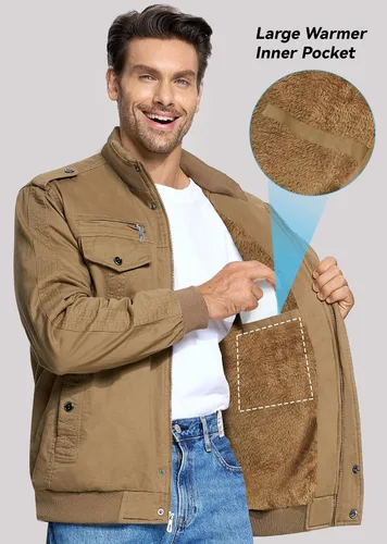 Vista 4 de EKLENTSON Chaqueta térmica gruesa de invierno para hombre con múltiples bolsillos con cremallera frontal forro polar chaqueta militar para hombre