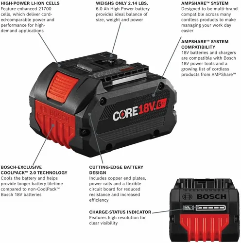 Vista 2 de Bosch GBA18V60 18V CORE18V Batería de iones de litio de 6 Ah de alta potencia
