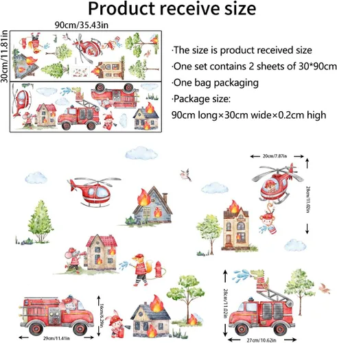 Vista 5 de Runtoo Calcomanías de pared de camión de bomberos, calcomanías de pared para automóvil, automóvil, helicóptero, bombero, decoración de pared