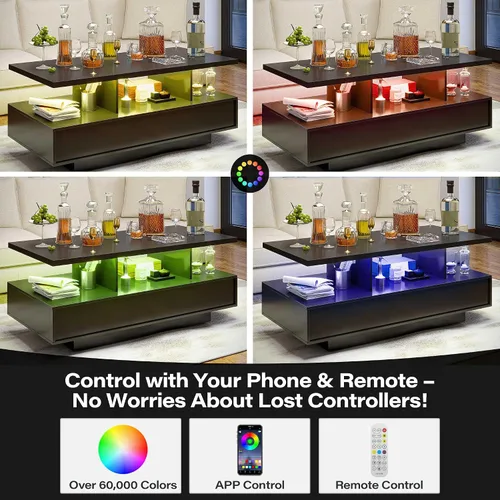 Vista 4 de LAUSAINT HOME Mesa auxiliar LED con almacenamiento, moderna mesa de centro iluminada de 2 niveles con aplicación y control remoto, más de 60,000