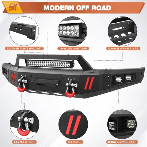 Vista 3 de Parachoques delantero para Ford F-150 2015-2017, F150 parachoques negro con placa de cabrestante, anillos en D, placa de matrícula de luces