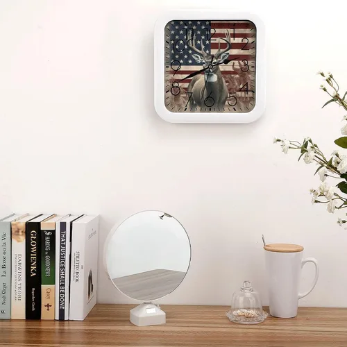 Vista 4 de 10" Square Modern Wall Clock,Americana Flag Deer Print Kitchen Clocks Wall Battery Operated,Silent Non Ticking Unique Funny Cute Wall Clock for