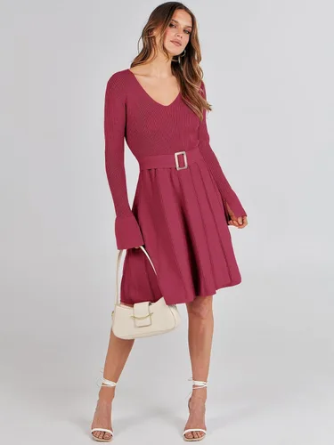 Vista 7 de ANRABESS Vestido tipo suéter de manga larga con cuello en V y lazo en la cintura, plisado, acampanado, elegante, de punto acanalado, vestido midi