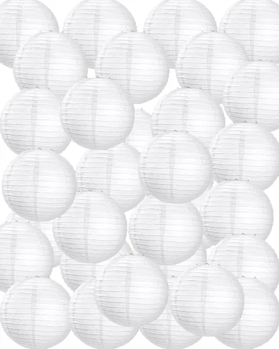 Vista 15 de Treela Faroles de papel japoneses chinos blancos decorativos colgantes redondos de papel para decoración de bodas, fiestas de cumpleaños