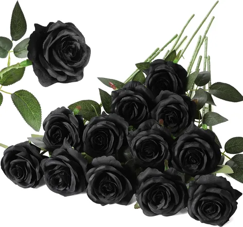 Vista 32 de Hawesome - Ramo de 12 rosas artificiales de seda con tallo largo para decoración del hogar, boda, fiesta (Negro-1)