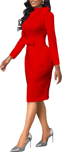 Vista 3 de Vestidos de trabajo ajustados para mujer, de manga larga, plisados, con lazo, vintage, para oficina, fiesta, iglesia
