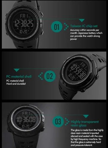 Vista 3 de Relojes digitales para hombre multifunción con alarma, cronómetro, LED, relojes deportivos al aire libre, reloj militar impermeable Verde militar