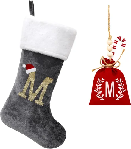 Vista 158 de Calcetines de Navidad bordados de 20 pulgadas con monograma, terciopelo negro con puño de felpa blanca supersuave, adornos clásicos para decoración