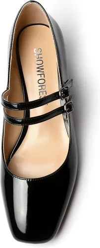 Vista 3 de SHOWFOREST Zapatos de tacón bajo grueso con correa ajustable para mujer, con puntera cuadrada, 1.5 pulgadas