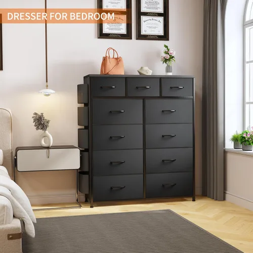 Vista 2 de Cómoda de almacenamiento de tela con 11 cajones para organización del dormitorio, cómoda con estantes profundos, bolsillos laterales y ganchos, Negro