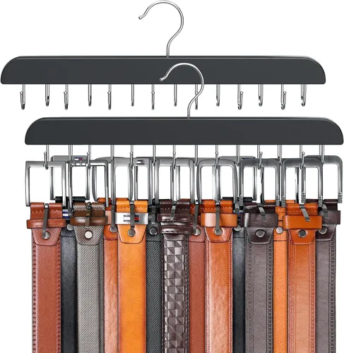 Vista 11 de Percha de cinturón para armario Max 42 cinturones, accesorios de armario de madera resistente con 14 ganchos, organizador de cinturón