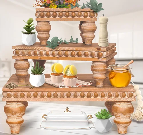 Vista 11 de Bandeja decorativa [Juego de 3] bandejas escalonadas de madera, bandeja decorativa para uso de mesa, isla de cocina, barra de café, elevadores