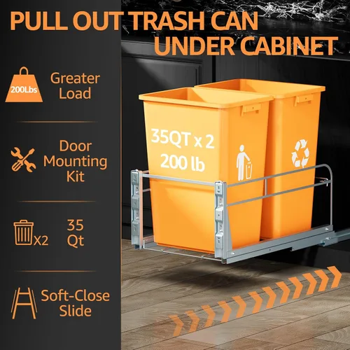 Vista 4 de Cubo de basura doble extraíble debajo del gabinete con kit de montaje de puerta, bote de basura debajo del fregadero para cocina con toboganes