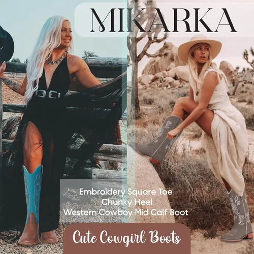 Vista 2 de mikarka Square Toe Cowboy Boots for Women Embroidery Mid Chunky Heel Mid-Calf Western Cowgirl Boot wPull On Taps