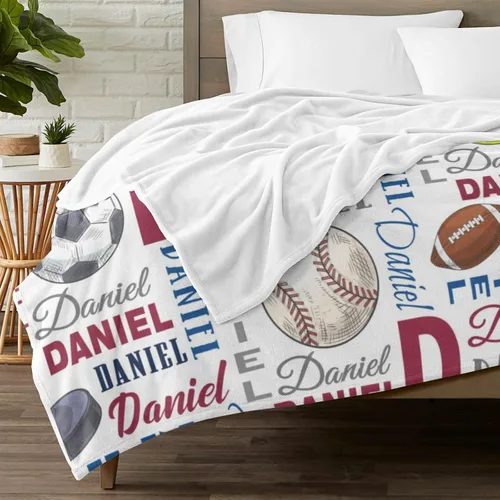 Vista 3 de Manta personalizada para regalo conmemorativo con texto con temática deportiva, manta personalizada con patrón de manta