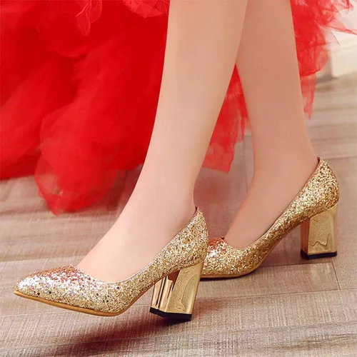 Vista 4 de Zapatos de vestir clásicos de fiesta con tacón grueso con purpurina brillante para mujer, cómodos, tacón de bloque medio, sin cordones