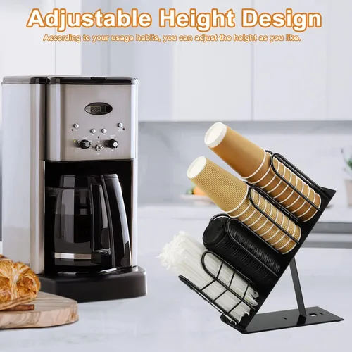 Vista 5 de Soporte de metal para tazas y tapas, dispensador de taza de café con 4 compartimentos, soporte para taza de café negro para encimera, organizador