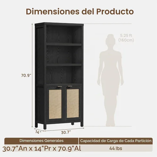 Vista 6 de SICOTAS Estantería de ratán de 5 niveles con puertas para biblioteca Roble negro