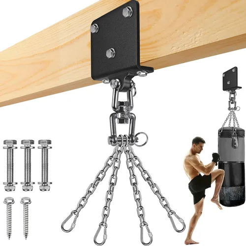 Vista 9 de SELEWARE Percha de bolsa pesada de rotación de 360°, capacidad de 1000 libras, montaje en techo y vigas con cadena de acero inoxidable y ganchos a