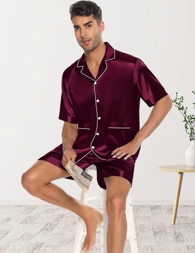 Vista 4 de SWOMOG Mens Silk Pajama Set 2 Pieces Short Sleeve Soft Satin Sleepwear Button Down Pj