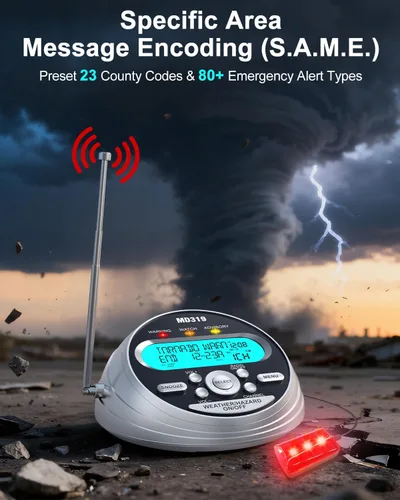 Vista 2 de Radio de alerta meteorológica con 23 códigos de condado, más de 80 alertas Plateado