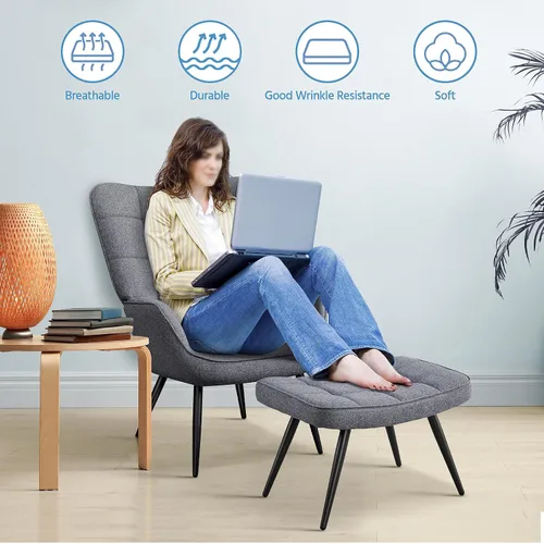 Vista 9 de Yaheetech Juego de 2 sillas decorativas con otomana, moderno sillón y reposapiés con respaldo alto y patas de metal, silla de salón y otomana