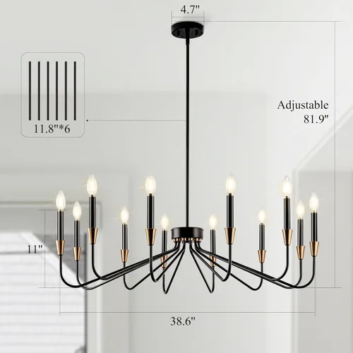 Vista 4 de Candelabro negro de 38 pulgadas, moderna lámpara de vela de granja, 12 luces, grande, negro y dorado, para comedor, techo alto, latón, sala