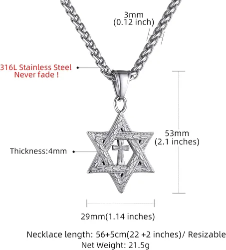 Vista 6 de GOLDCHIC JEWELRY David Star Necklace for Men, Stainless Steel Cross Pendant Jewish Israel Jewelry with Water Wave Chain