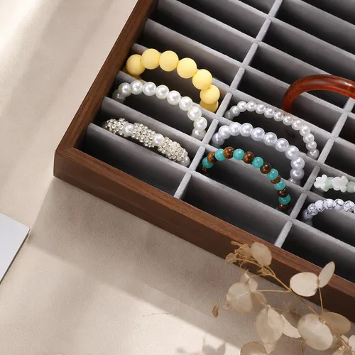 Vista 5 de 40-Slot Wood Velvet Bracelet Organizer Box, Gray Jewelry Display 13.8 x 9.5 x 1.8 inches, Stackable Bracelet Display Tray with Divider, Bangle