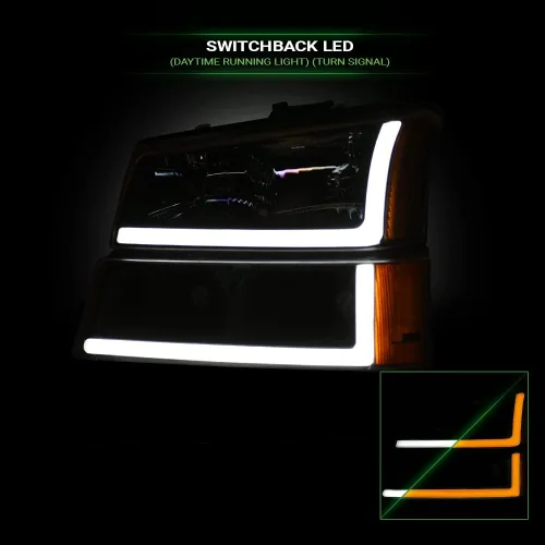 Vista 6 de Switchback - Barra de tubo LED secuencial, carcasa negra, faros delanteros de cristal con lámparas de parachoques de señal, reflector ámbar, 4