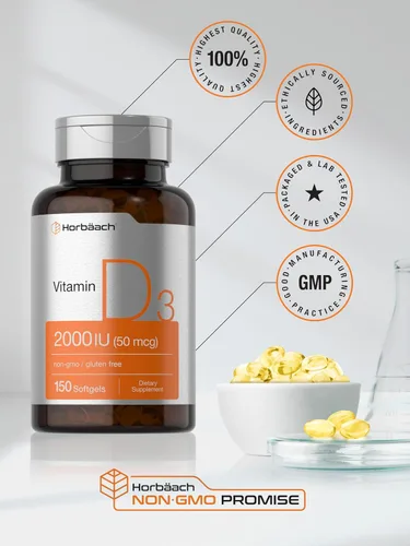 Vista 6 de Horbaach Vitamina D3 2000IU cápsulas blandas 150 unidades 50 mcg colecalciferol Suplemento sin OMG y sin gluten