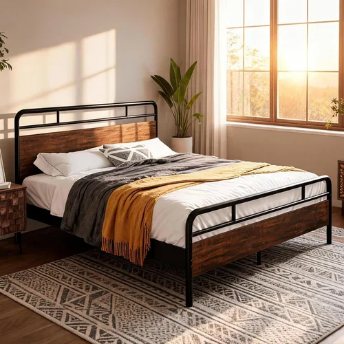 Vista 3 de IMUsee Base de cama matrimonial con cabecera de madera industrial, almacenamiento debajo de la cama de 12 pulgadas, base de colchón, no necesita