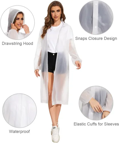 Vista 9 de OFFITECTURE Paquete de 2 ponchos de lluvia reutilizables para adultos, impermeables con capucha para mujeres/hombres con cordón