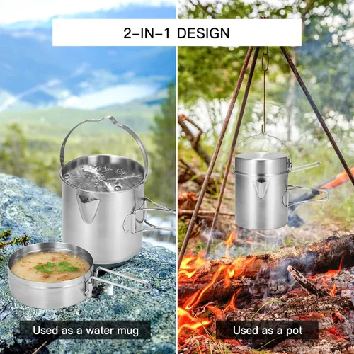 Vista 3 de Lixada Hervidor de cocina para camping, olla de acero inoxidable de 1 litro con mango plegable y cubierta de doble uso, portátil para senderismo