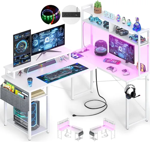 Vista 8 de Besiost Escritorio pequeño en forma de L para juegos con tomas de corriente, escritorio reversible en forma de L de 48" con LED para computadora