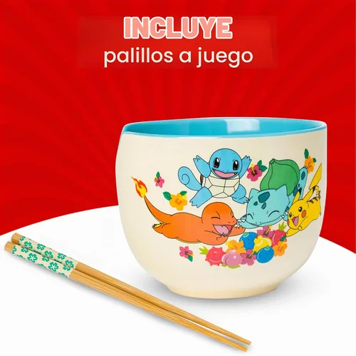 Vista 3 de Silver Buffalo Pokemon Spring Flowers con Pikachu, Bulbasaur, Squirtle y Charmander Tazón de cerámica para fideos ramen y arroz con palillos, apto