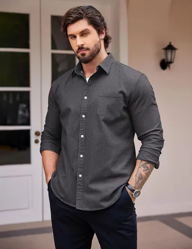 Vista 2 de COOFANDY Camisa vaquera de manga larga con botones para hombre, camisa de trabajo occidental