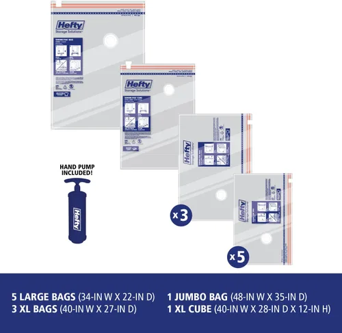 Vista 5 de Hefty Super Starter Kit de 5 L, 3XL, cubo 1XL y 1 bolsa jumbo, bolsas de almacenamiento al vacío reutilizables y resistentes al agua, total de 10