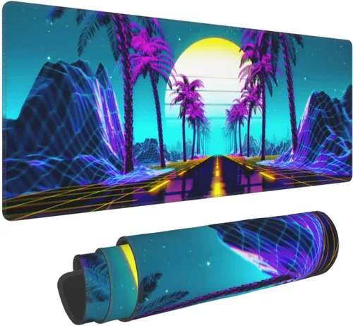 Vista 8 de Alfombrilla de mouse retro Vaporwave para videojuegos, alfombrilla de escritorio fresca Synthwave Neon grande XL larga extendida alfombrilla