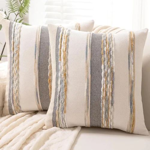 Vista 12 de Fundas de almohada decorativas estilo bohemio de 18x18, juego de 2, para sofá, cama, fundas de cojín cuadradas a rayas para granja, fundas