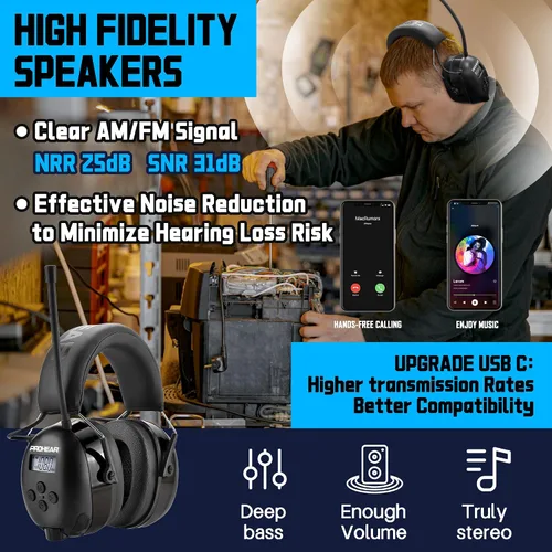 Vista 4 de PROHEAR 033 2.0 Auriculares Bluetooth de Protección Auditiva con Radio AM/FM - Orejeras de Reducción de Ruido 31 SNR, Batería Recargable de 50