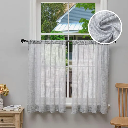Vista 8 de Beda Home - Paneles de cortina texturizados de lino para cocina, sala de estar; paneles cortos rústicos filtrantes de luz para ventanas pequeñas