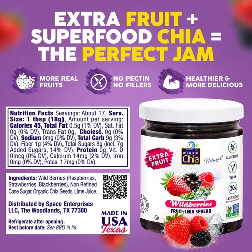 Vista 2 de World of Chia Extra Fruit Spread - Todo natural, sin gluten, vegano, bajo en azúcar, Omega 3, Kosher, fabricado en Estados Unidos, verificado sin