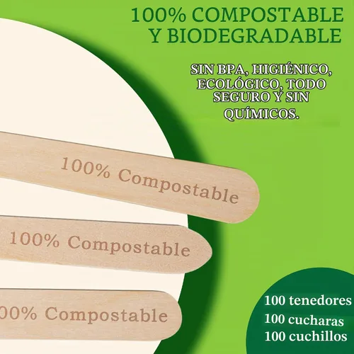 Vista 2 de Tenedores de madera desechables, paquete de 100 unidades, 6.5 pulgadas de longitud, biodegradables, utensilios de madera natural, ideales