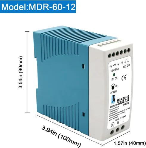 Vista 3 de Carril DIN DC 12V Fuente de alimentación conmutada MDR 60W (entrada: 100-240VAC, salida: 12VDC, 50/60HZ) Convertidor de interruptor (12V 5A)