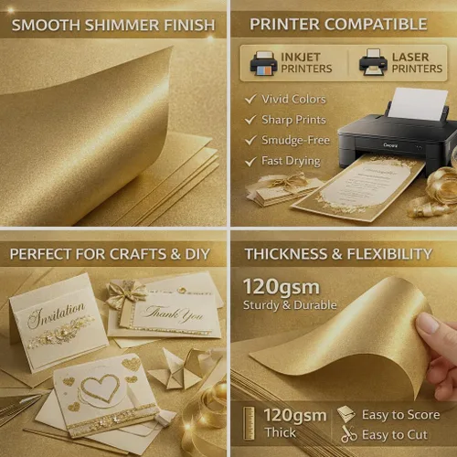 Vista 3 de Papel metálico premium con pigmentos de oro real – 120 g/m² (32 lb Bond) Hojas brillantes para certificados y tarjetas para impresoras de inyección
